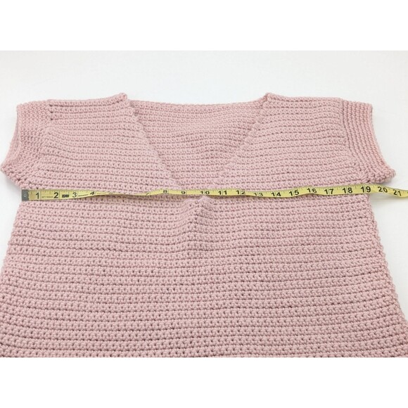 Handmade Crochet Pink Short Cap Sleeve V-neck Sweater Shirt Blouse Size Medium - Picture 2 of 4